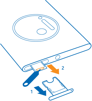 With top of
phone facing you, and back of phone facing up: phone label tray is
inside card holder opening. Hole is at front end of tray, in middle.