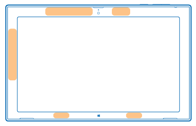 With front of device
facing you, antenna areas are at top, left and bottom edges of the
device.